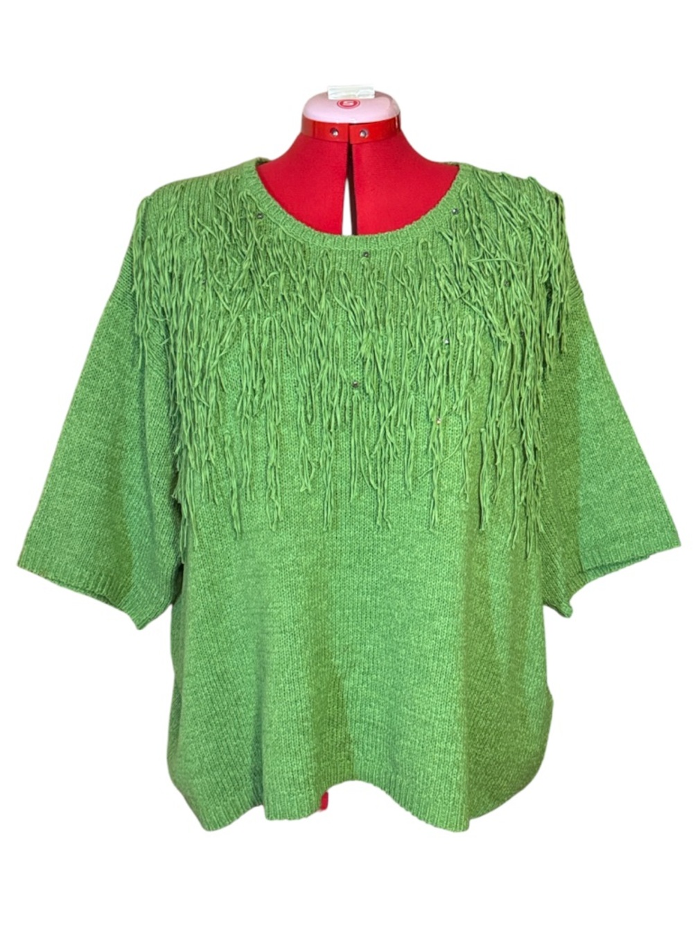 Luisa Cerano Green Fringe Knit Short Sleeve Sweater Size 14